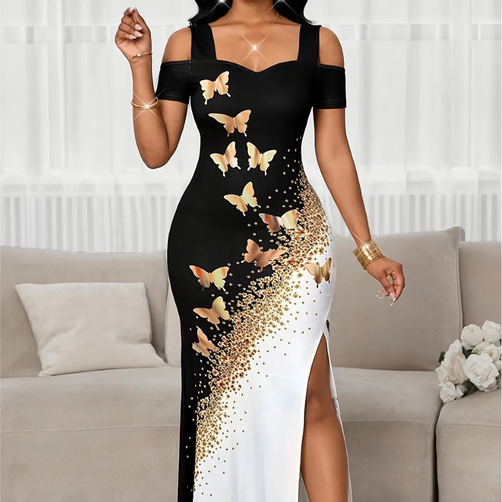 Summer Long Dress Elegant Fashionable Slim-fitting Printed Commuting Style V-neck Off-shoulder Slit Mid-waist Sleeveless Dresses Bazaare Mart