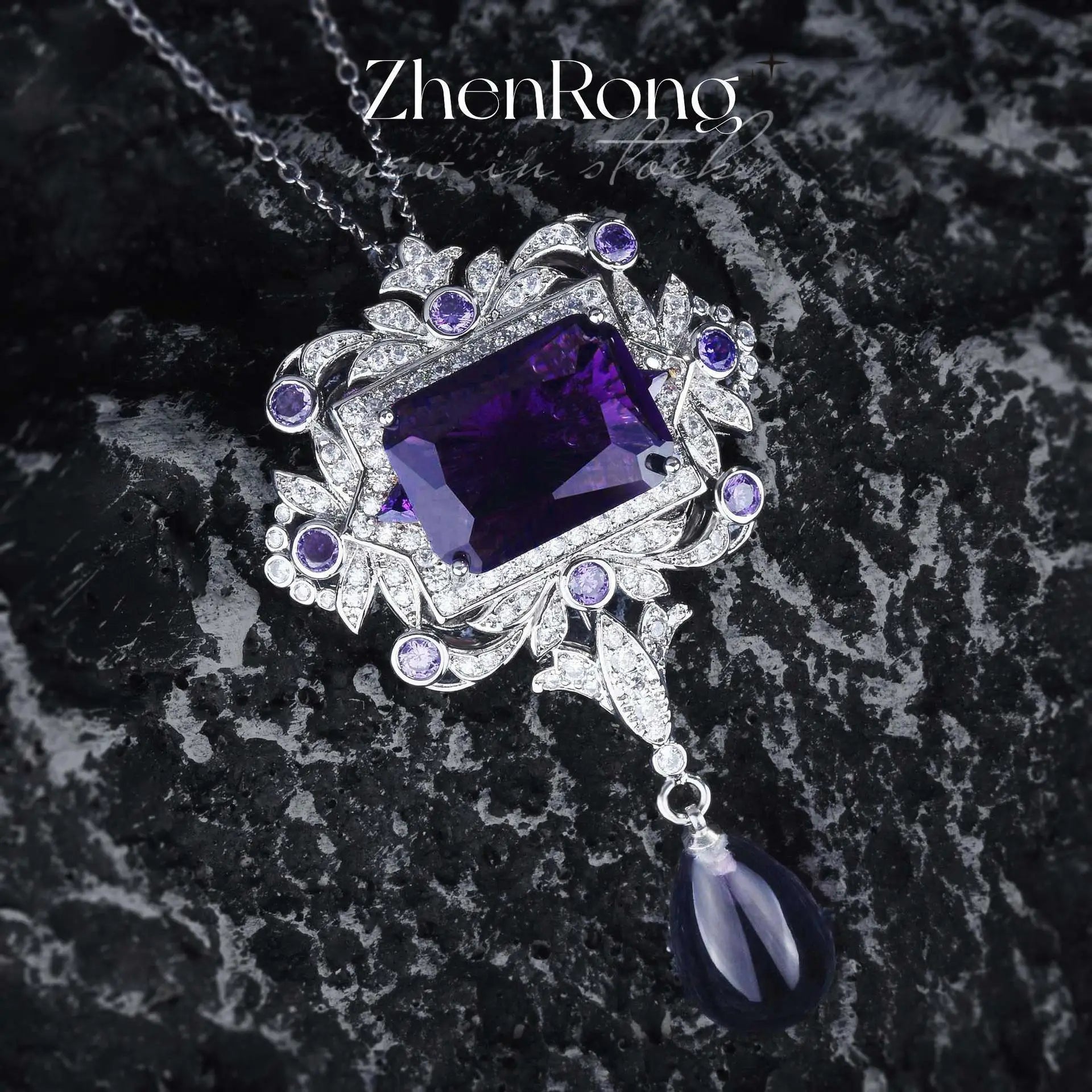 Elegant Vintage Rectangle Purple CZ Pendant Necklace Bazaare Mart Purple CZ Pendant Necklace