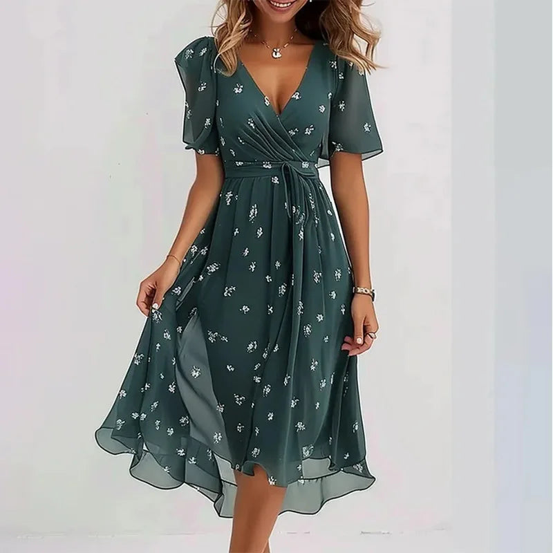 Elegant Floral Surplice Midi Dress