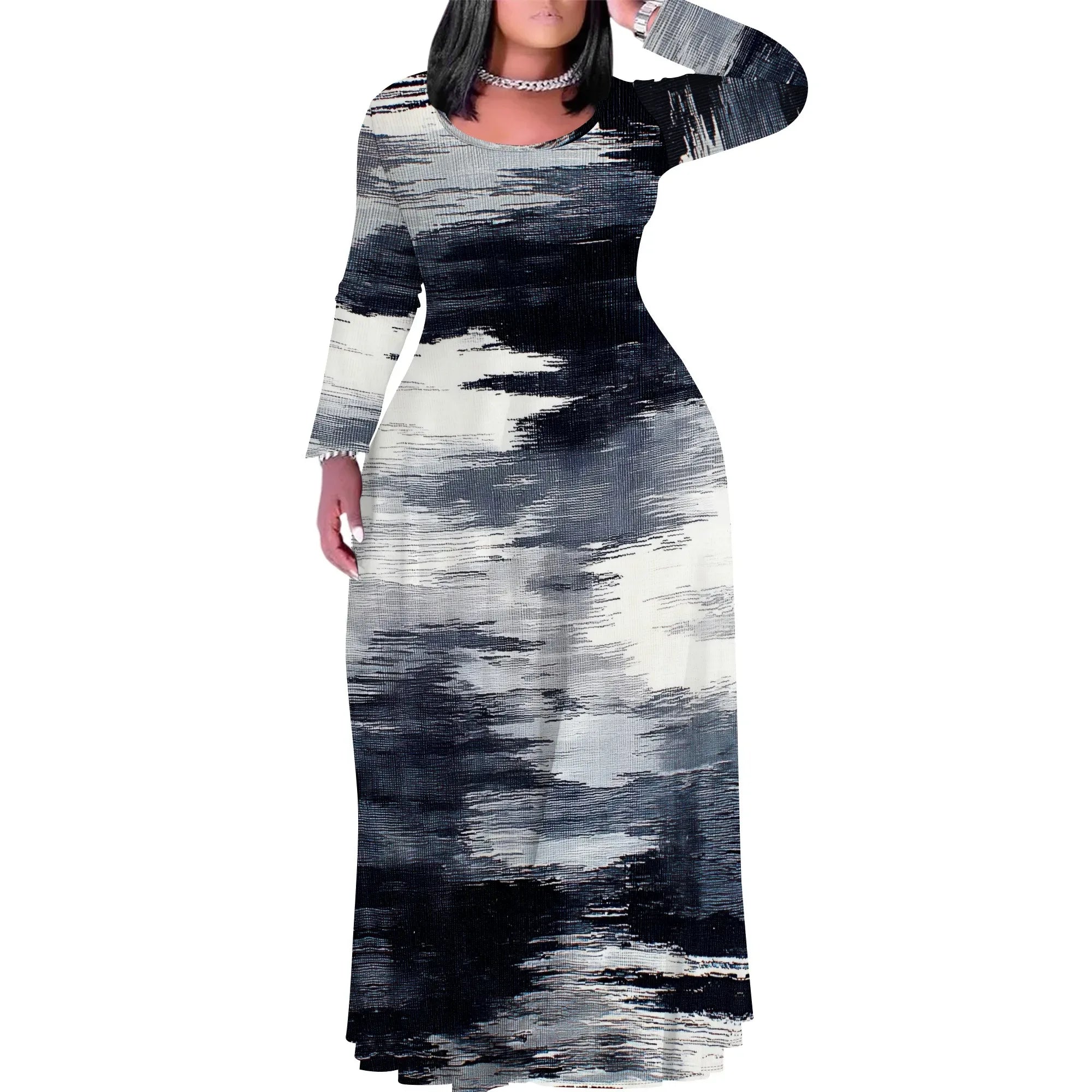 Tie Dye Print Scoop Neck Long Sleeve Maxi Dress Pattern-2 CHINA Bazaare Mart Tie Dye Print Scoop Neck Long Sleeve Maxi Dress