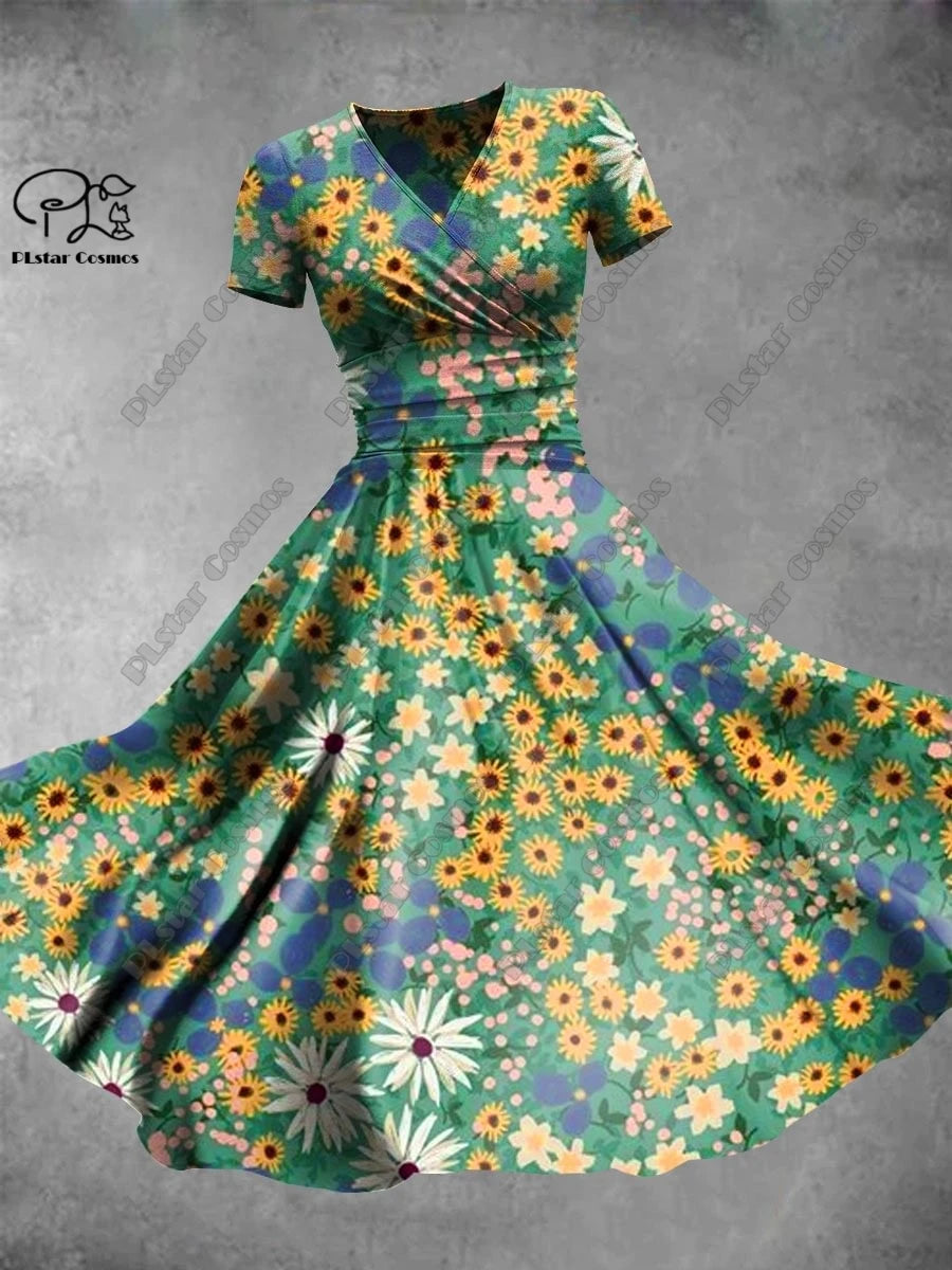 3D printed floral skirt Valentine's Day series printed V-neck short-sleeved dress A-line long skirt casual and fashionable -5 9 Bazaare Mart