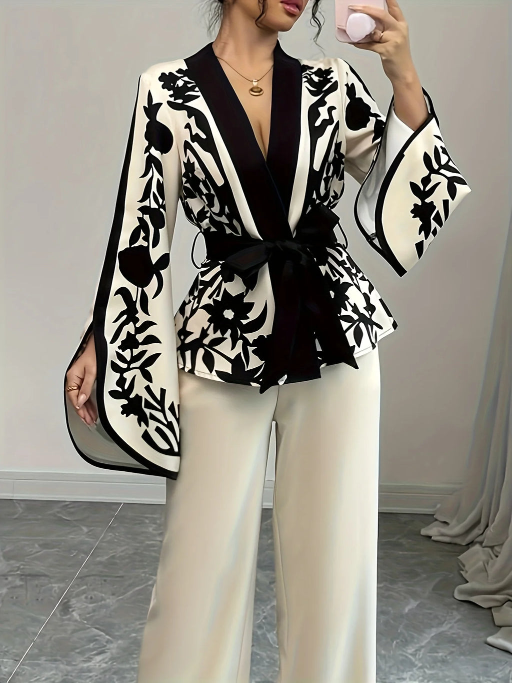B&W Floral Print Wrap Blouse