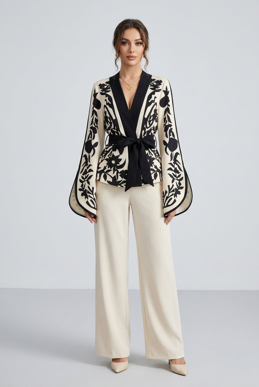 B&W Floral Print Wrap Blouse