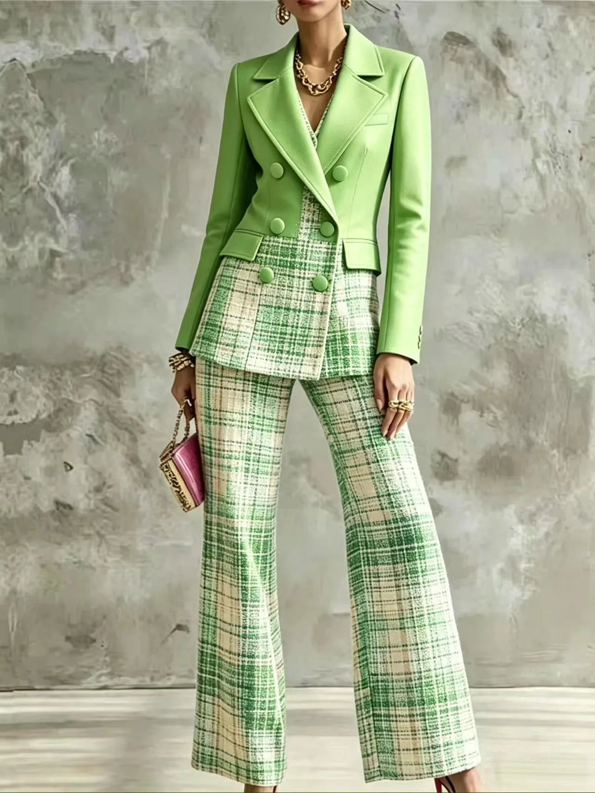 PU Leather Blazer & Plaid Flare Pants Set