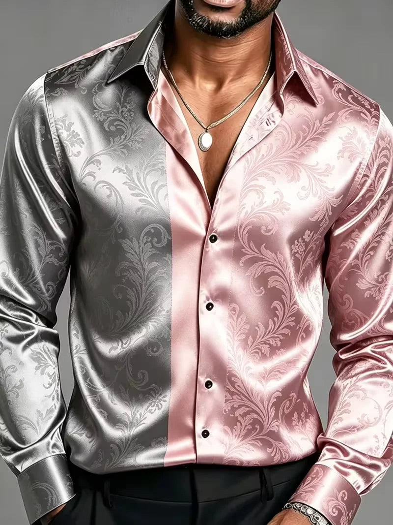 Men's Satin Baroque Print Button-Up Shirt – Long Sleeve Luxury Dress Shirt