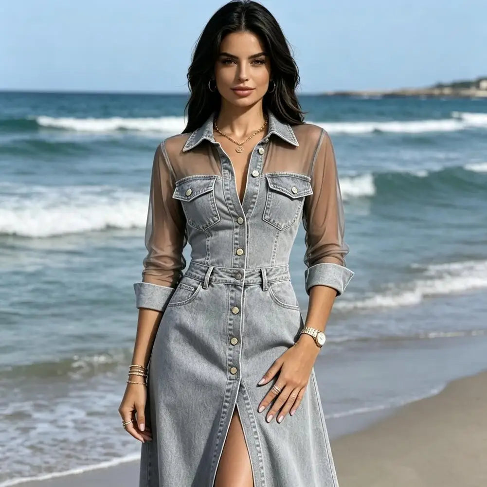 Faux Denim Maxi Dress with Sheer Mesh Sleeves and High Slit