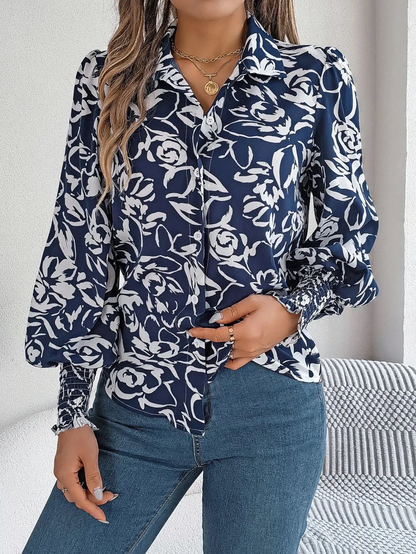 Floral Long Lantern Sleeve Flip Collar Blouse