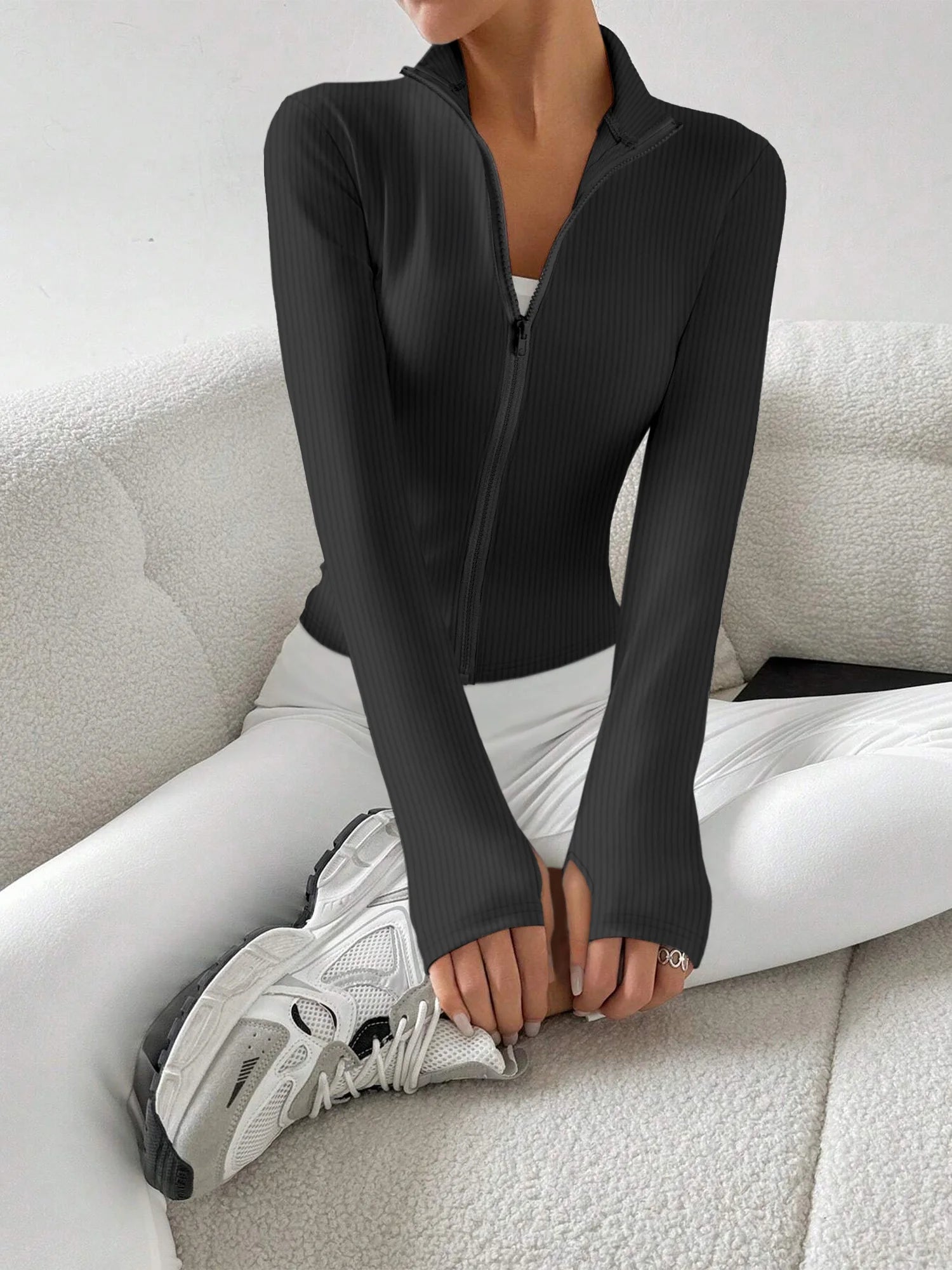 Ribbed Knit Zip-Up Crop Active Fit Jacket with Stand Collar