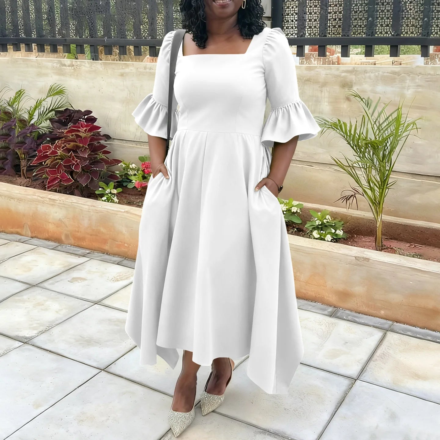 Ruffle Sleeve Square Neck Midi Dress Bazaare Mart Plus Size Half Sleeve Midi Dress