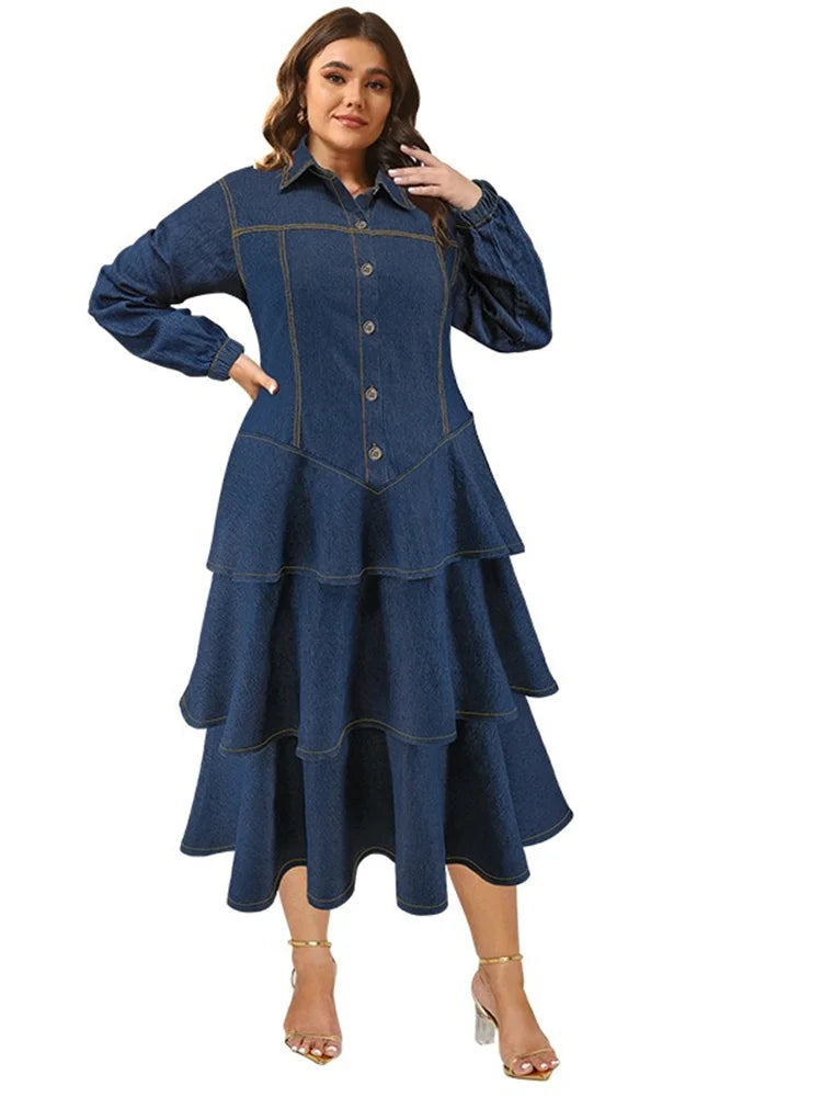 Blue Denim Tiered Ruffle Midi Dress