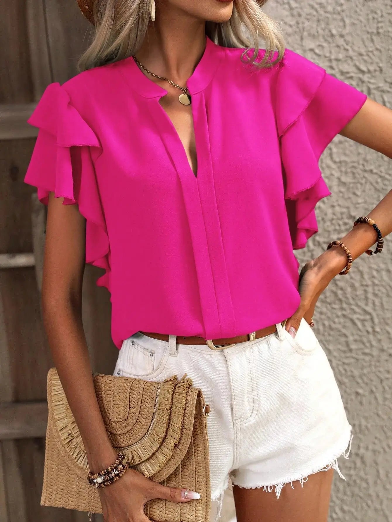V-neck Ruffle Sleeve Solid Color Blouse