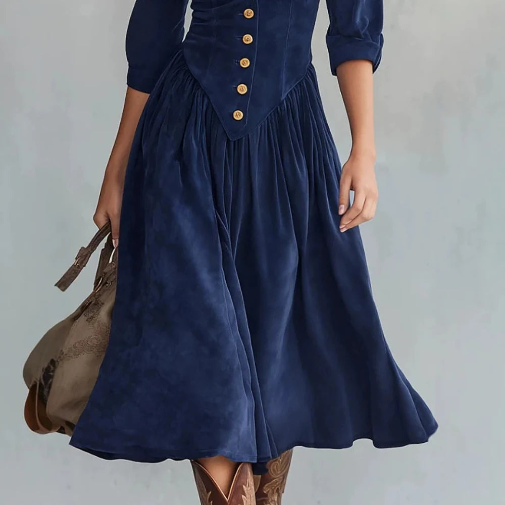Navy Corduroy 3/4 Sleeve V-Neck Gold Button Midi Dress