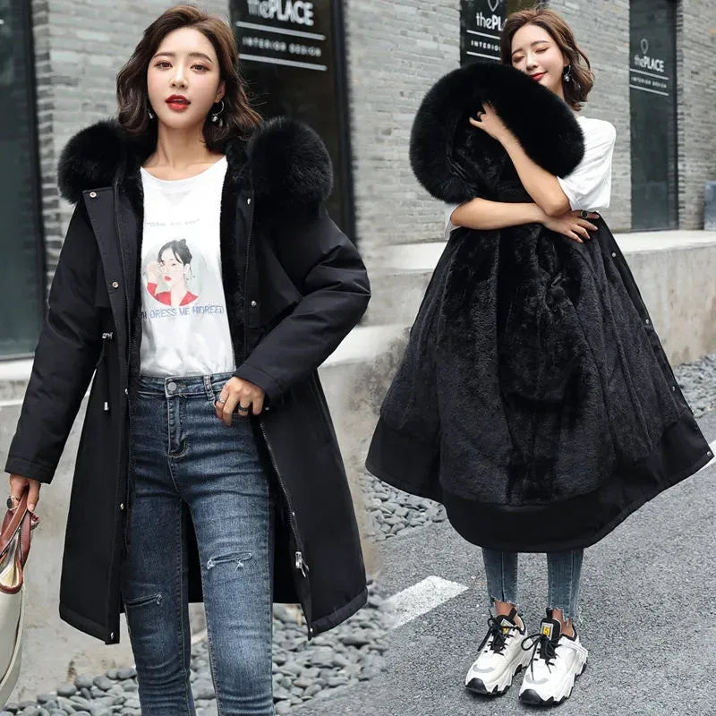 Faux Fur Lined Hooded Parka Black