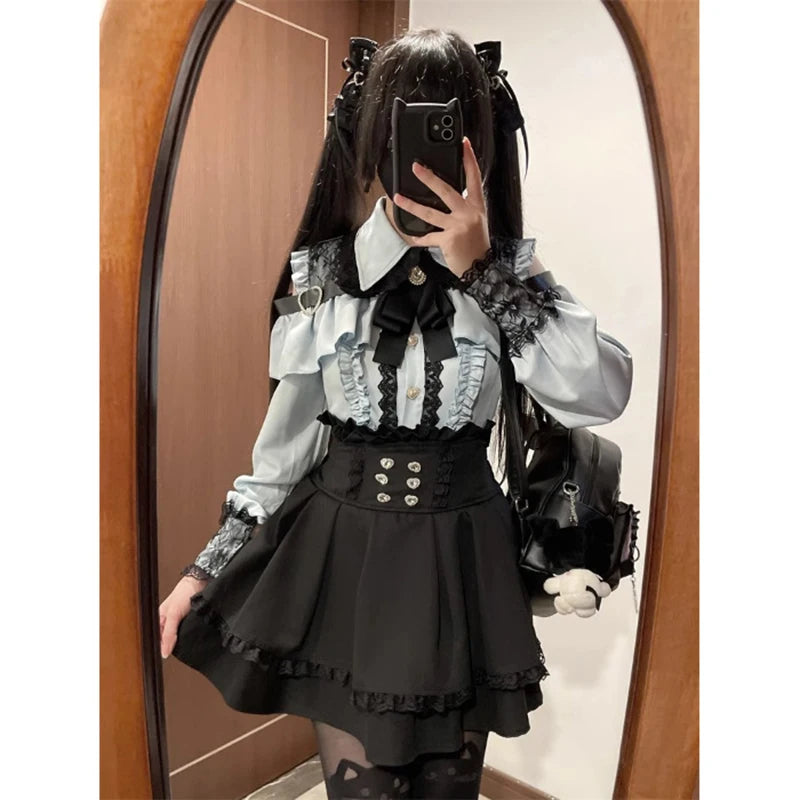 Jirai kei Shirt JK Skirt Japanese Style Lolita Y2K Sweet School Uniform Blouse Top Dress Darkness Outfit Women Girls Theme Party Gray Blue Set Bazaare Mart