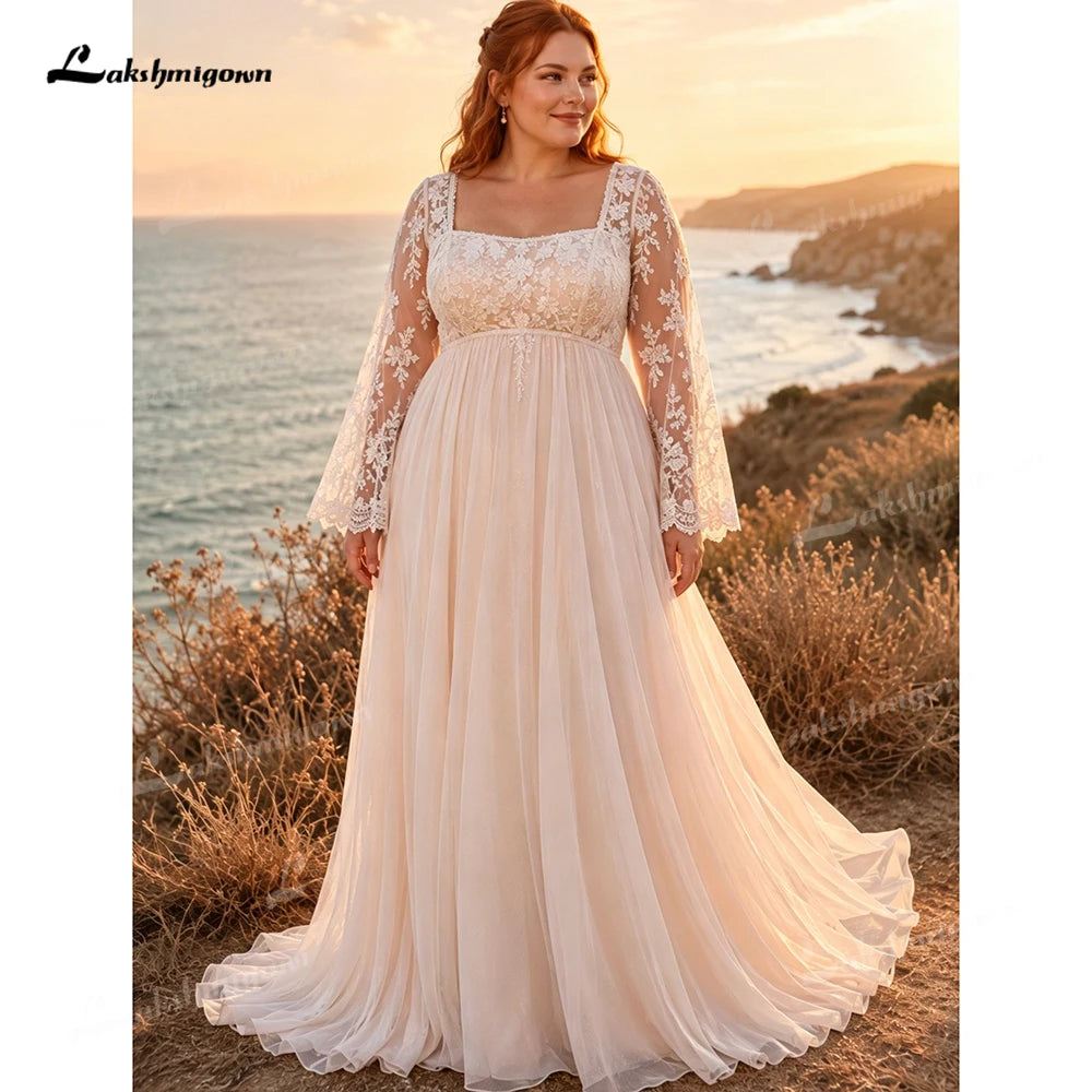 Custom Plus Size A-Line Tulle Wedding Dress with Sheer Lace Bell Sleeves – Romantic Square Neck Bridal Gown China Mainland Bazaare Mart Plus Size Wedding Dress