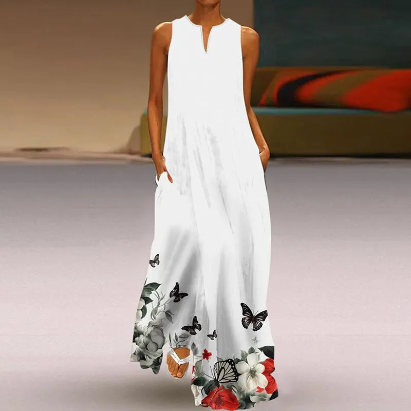 Women's Sleeveless Floral Maxi Dress with Pockets – Casual V-Neck Summer Beach Dress White Floral Garden China Mainland Bazaare Mart Floral Maxi Dresses