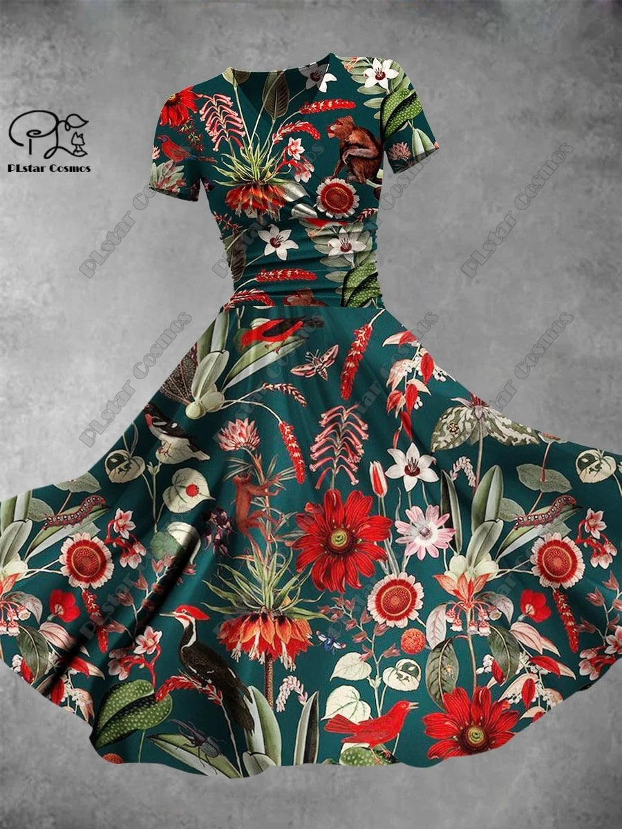3D printed floral skirt Valentine's Day series printed V-neck short-sleeved dress A-line long skirt casual and fashionable -5 8 Bazaare Mart