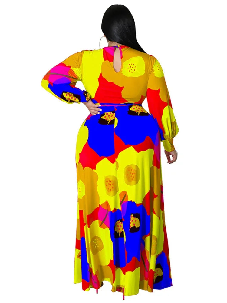 Colorful Long Sleeve Large Print Flower Maxi Dress Bazaare Mart Colorful Long Sleeve Large Print Flower Maxi Dress