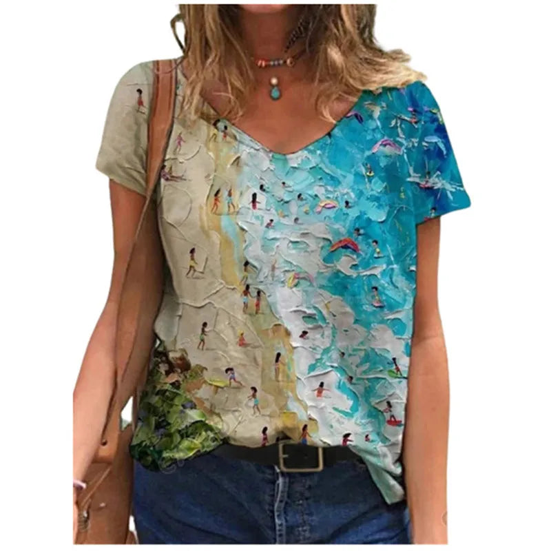 Women's Floral 3D Print V-Neck T-Shirt