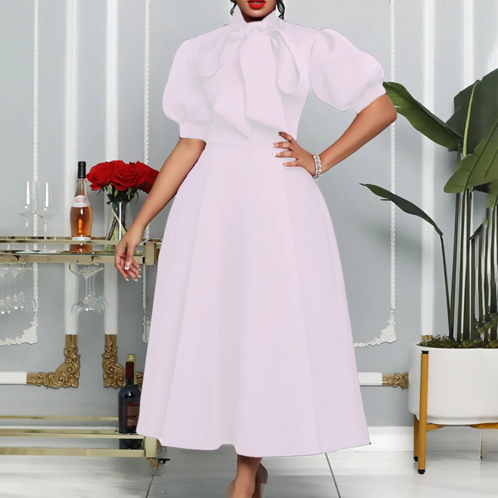 Elegant Solid Color Bow Short Puff Sleeve Full Skirt Midi Dress