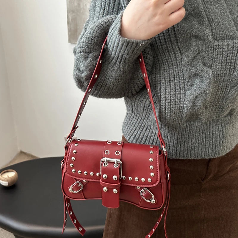Studded Baguette Shoulder Bag – Faux Leather Punk Rock Shoulder Purse with Buckle & Rivet Details Bazaare Mart Shoulder Purse