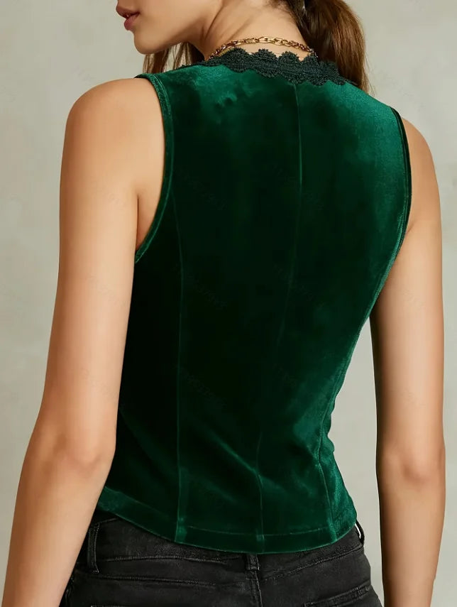 Women's V-Neck Velvet Vest with Lace Trim and Button Design