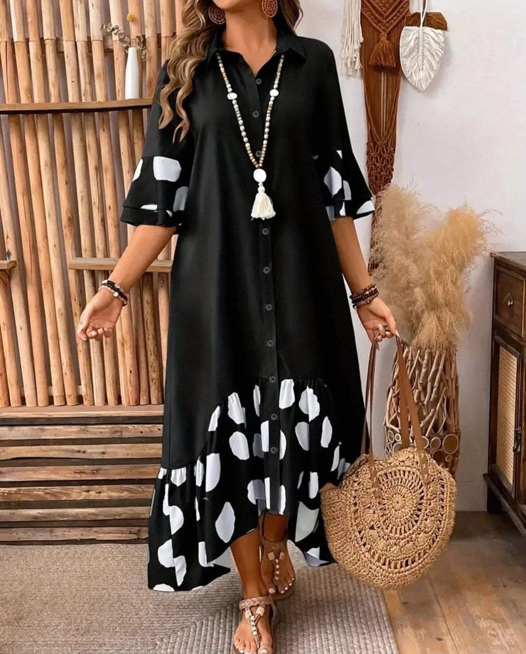 Women's Polka Dot Shirt Dress – Button Front Midi Dress with Flare Sleeves Bazaare Mart Half Sleeve Midi Shirt Dress
