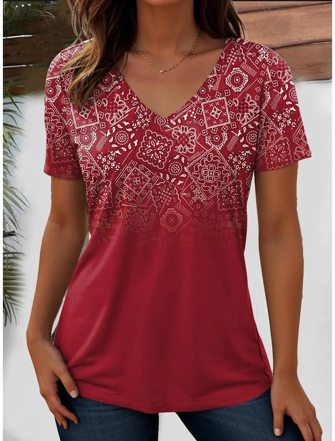 Women's Western Floral V-Neck Graphic Tee | Vintage Boho Short Sleeve T-Shirt VTF66A202623124 Bazaare Mart Printed Tops