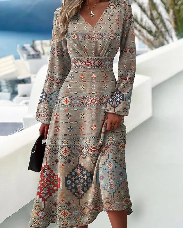 Slim Fit Printed V-neck Long Sleeve Dress Bazaare Mart Long Sleeve Midi Dress