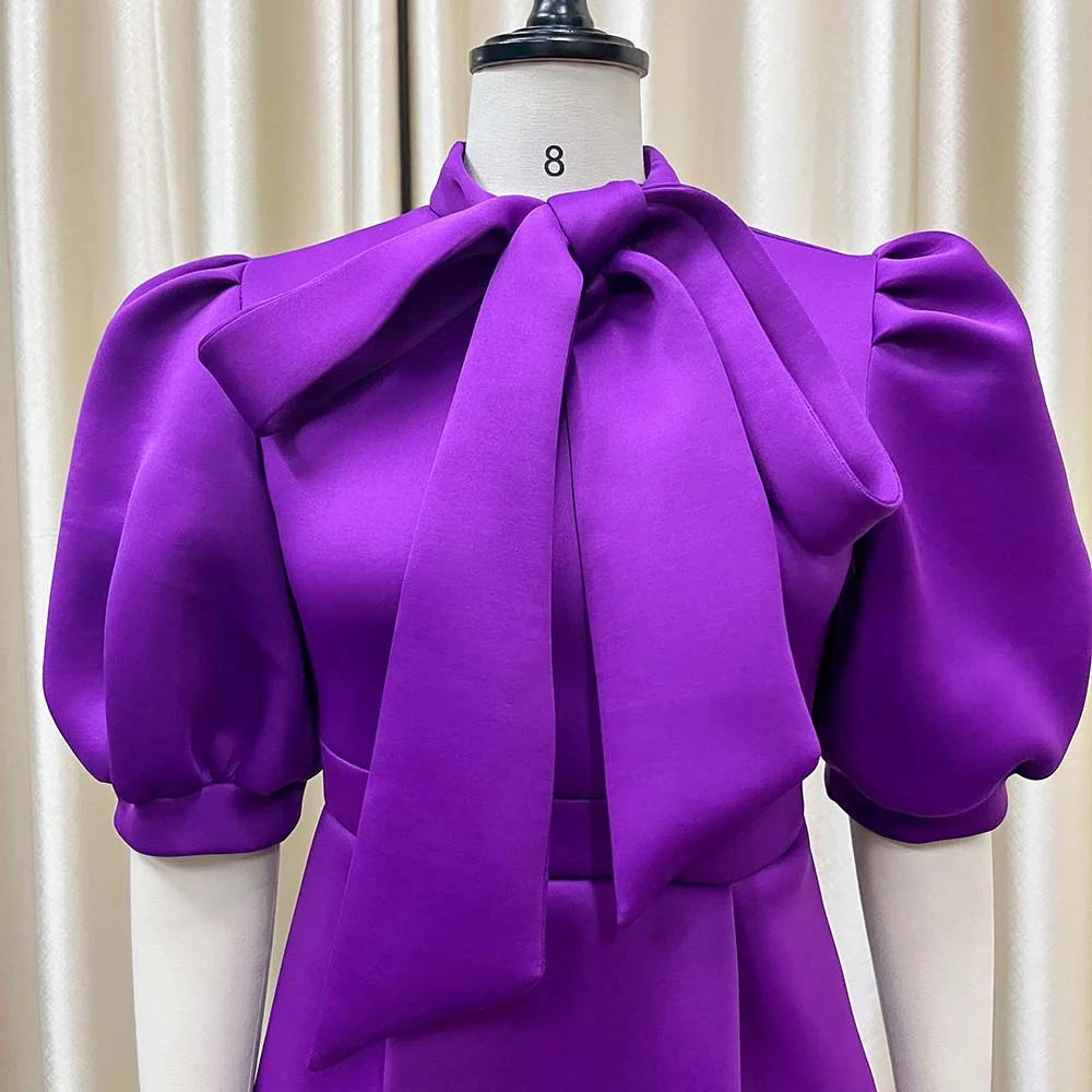 Elegant Solid Color Bow Short Puff Sleeve Full Skirt Midi Dress