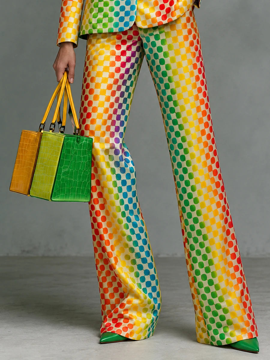 Rainbow Polka Dot Wide-Leg Pants – High-Waisted Statement Pants