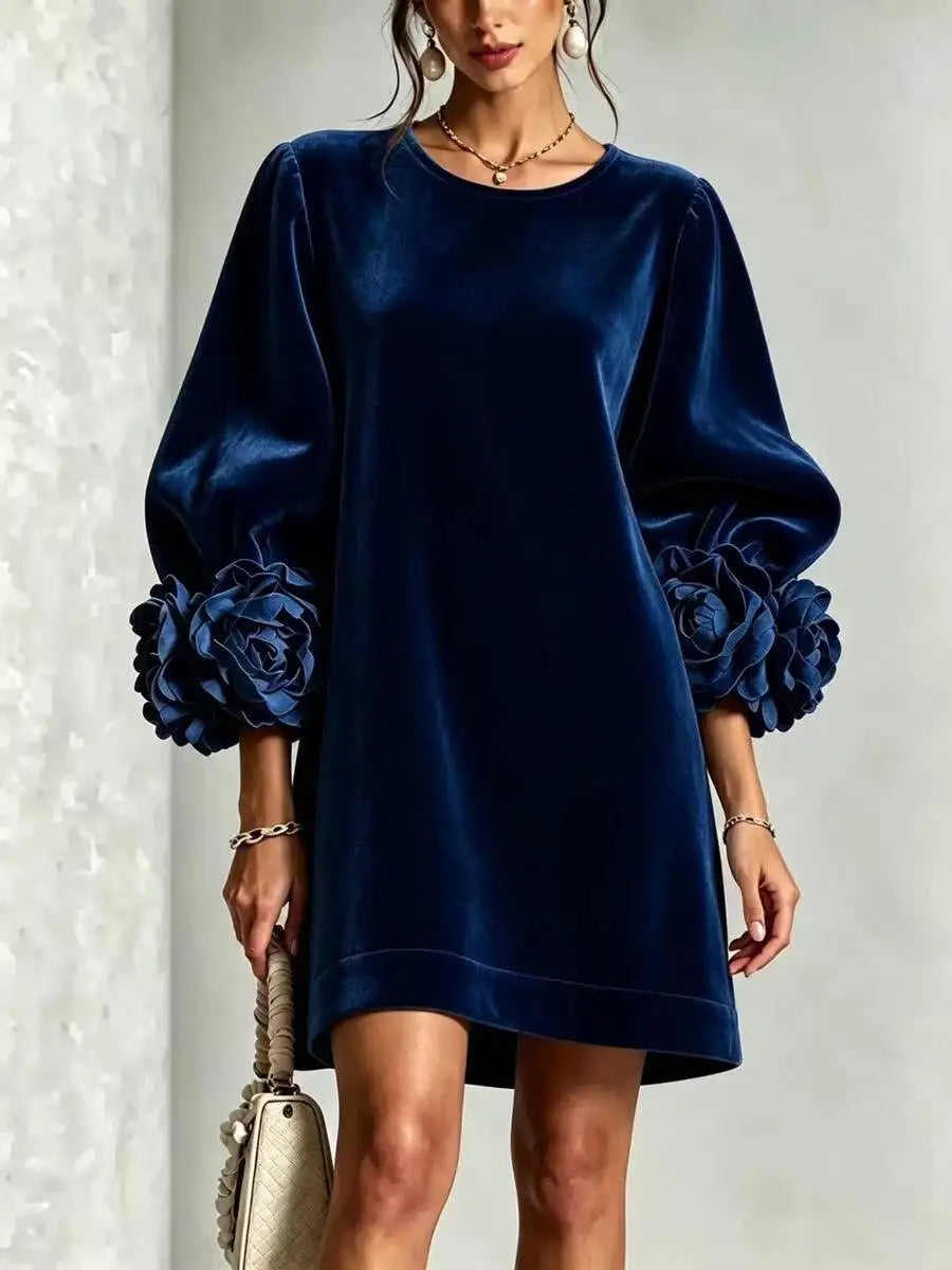 Velvet Mini Dress – Elegant Puff Sleeves with 3D Floral Cuffs