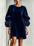 Velvet Mini Dress – Elegant Puff Sleeves with 3D Floral Cuffs