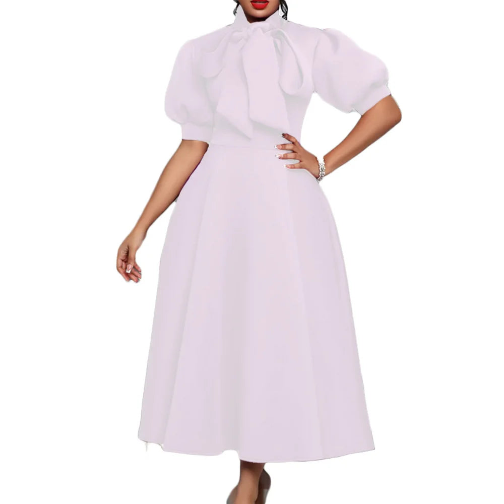 Elegant Solid Color Bow Short Puff Sleeve Full Skirt Midi Dress
