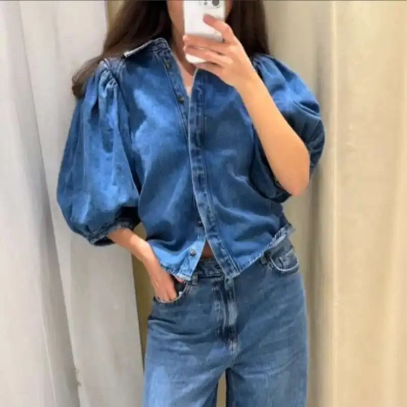 Denim Puff Sleeve Shirt & Wide Leg Jeans