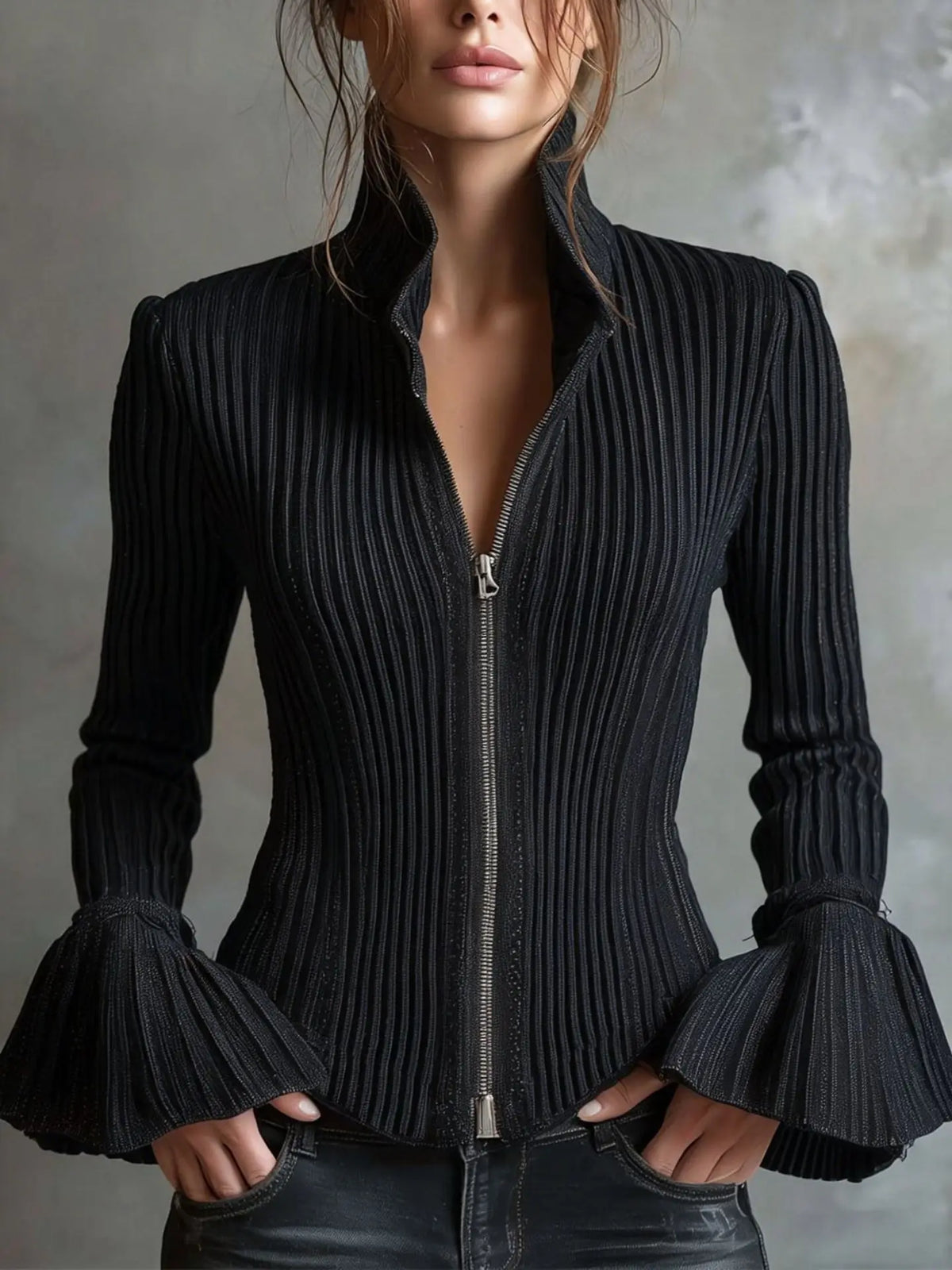 Elegant Ribbed Zip-Up Knit Cardigan Sweater