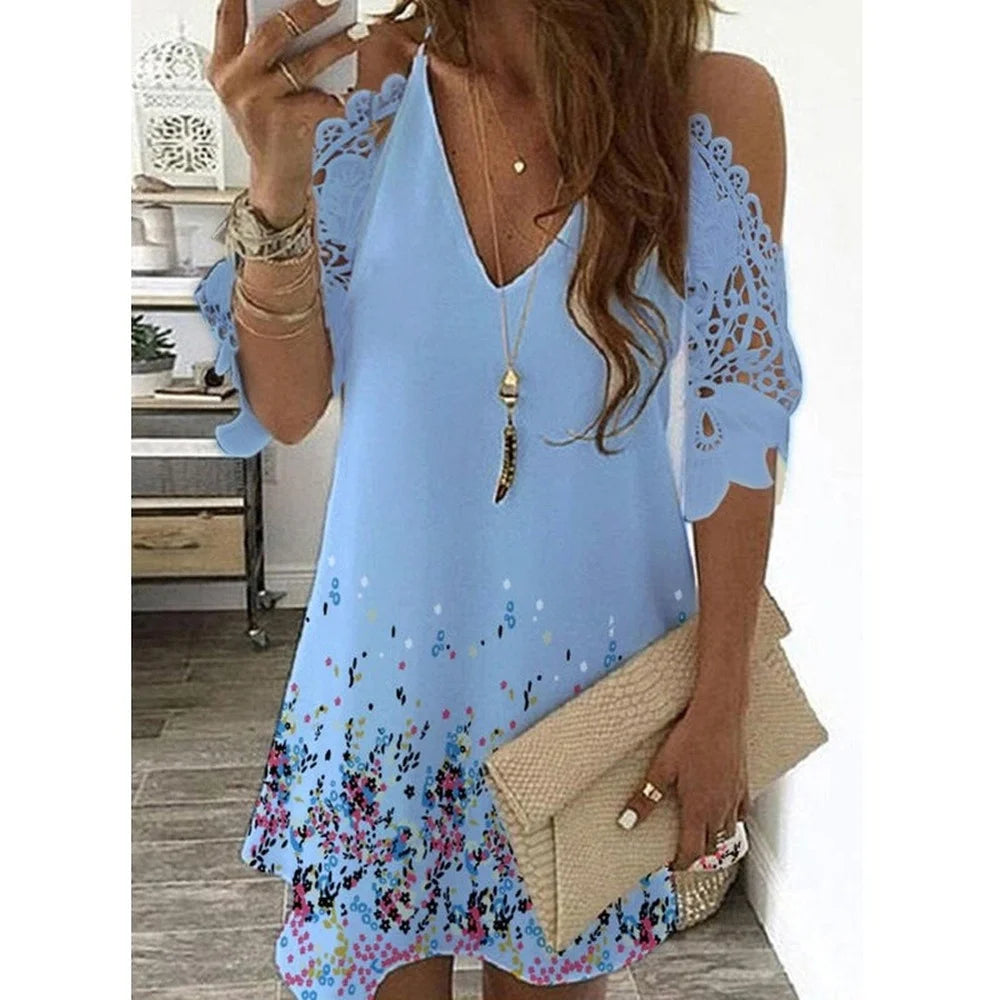 Lace Cold-Shoulder Dress 8063-Blue Bazaare Mart Lacy Cold-Shoulder Dress