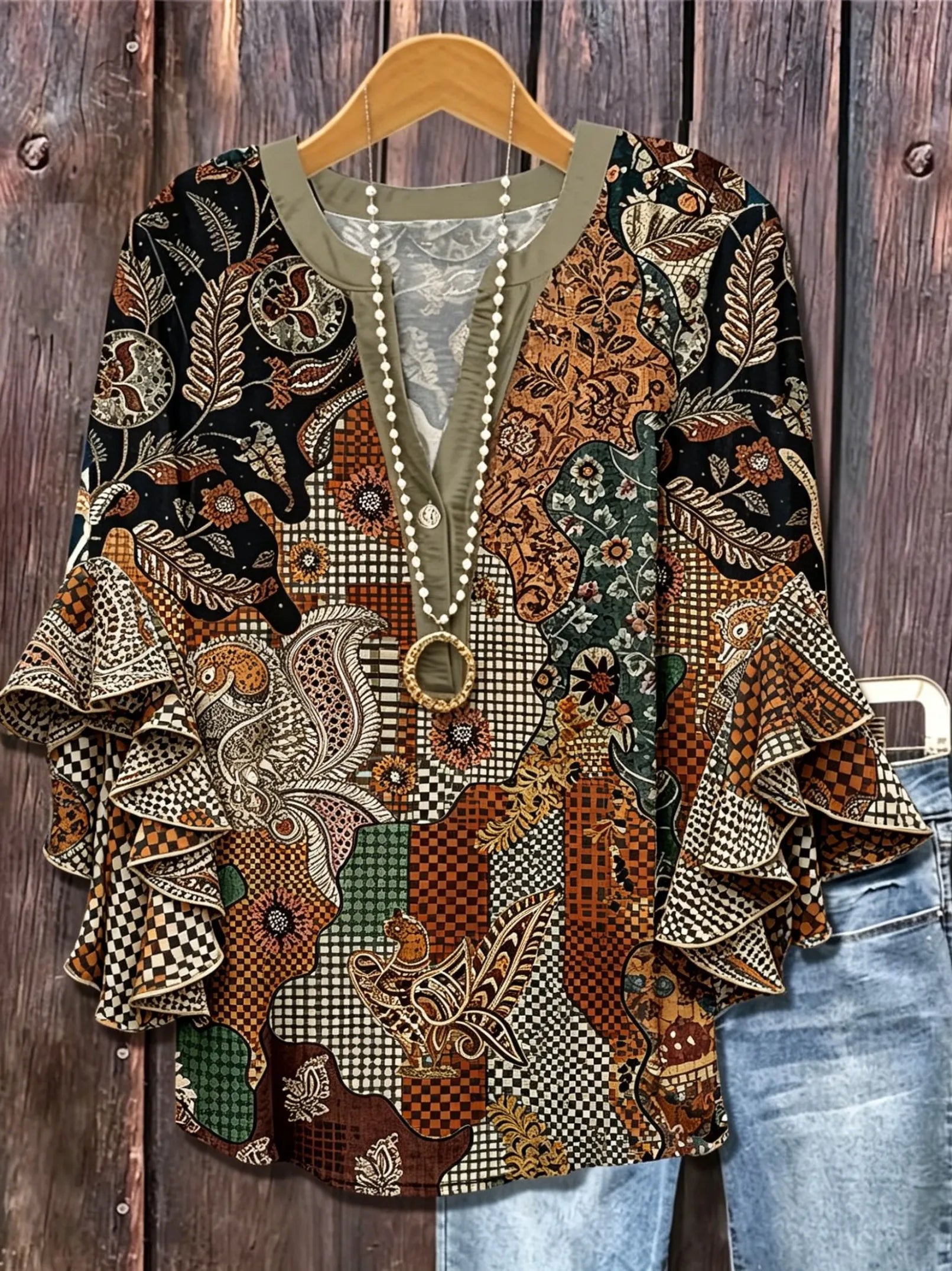 Women's Boho Patchwork Paisley Ruffle Sleeve Blouse | Elegant V-Neck Top HCHLF20261317G Bazaare Mart Ruffle Sleeve Blouse