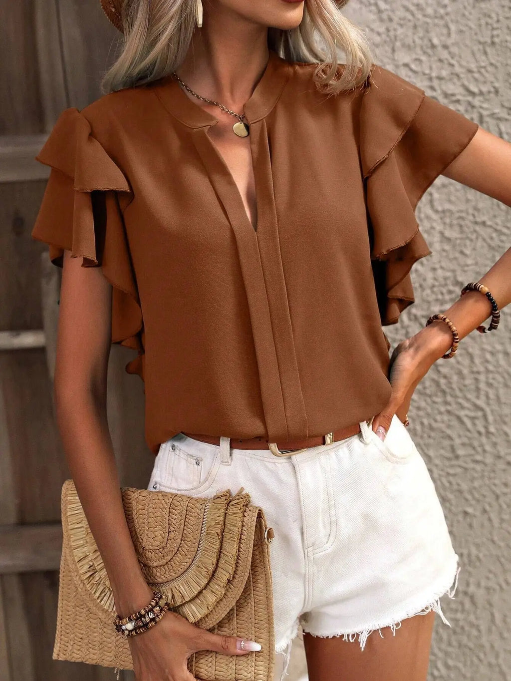 V-neck Ruffle Sleeve Solid Color Blouse