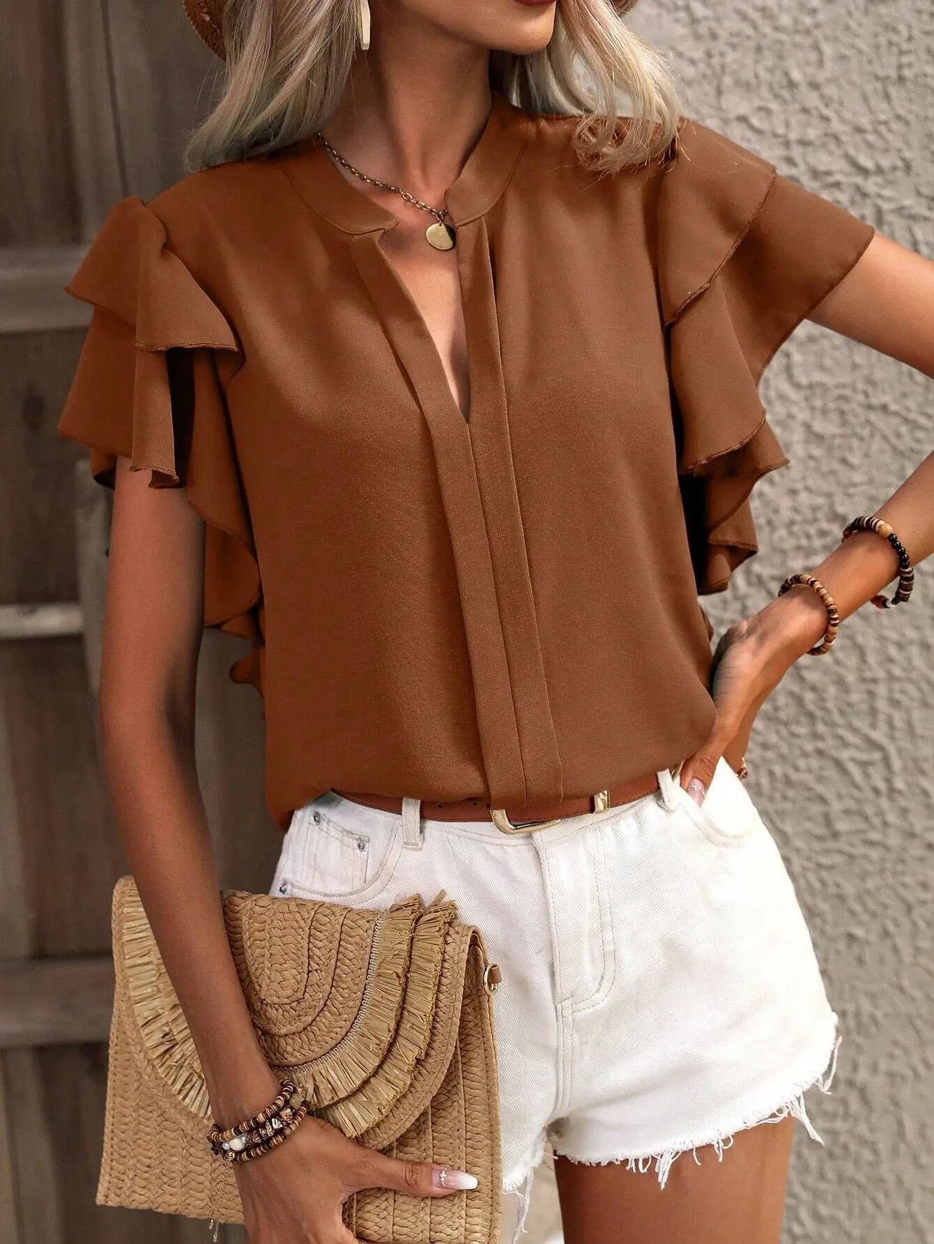 V-neck Ruffle Sleeve Solid Color Blouse