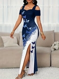 Summer Long Dress Elegant Fashionable Slim-fitting Printed Commuting Style V-neck Off-shoulder Slit Mid-waist Sleeveless Dresses Blue Bazaare Mart