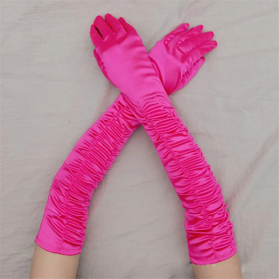 Satin Pleated Opera Gloves rose red Bazaare Mart Satin Opera Gloves