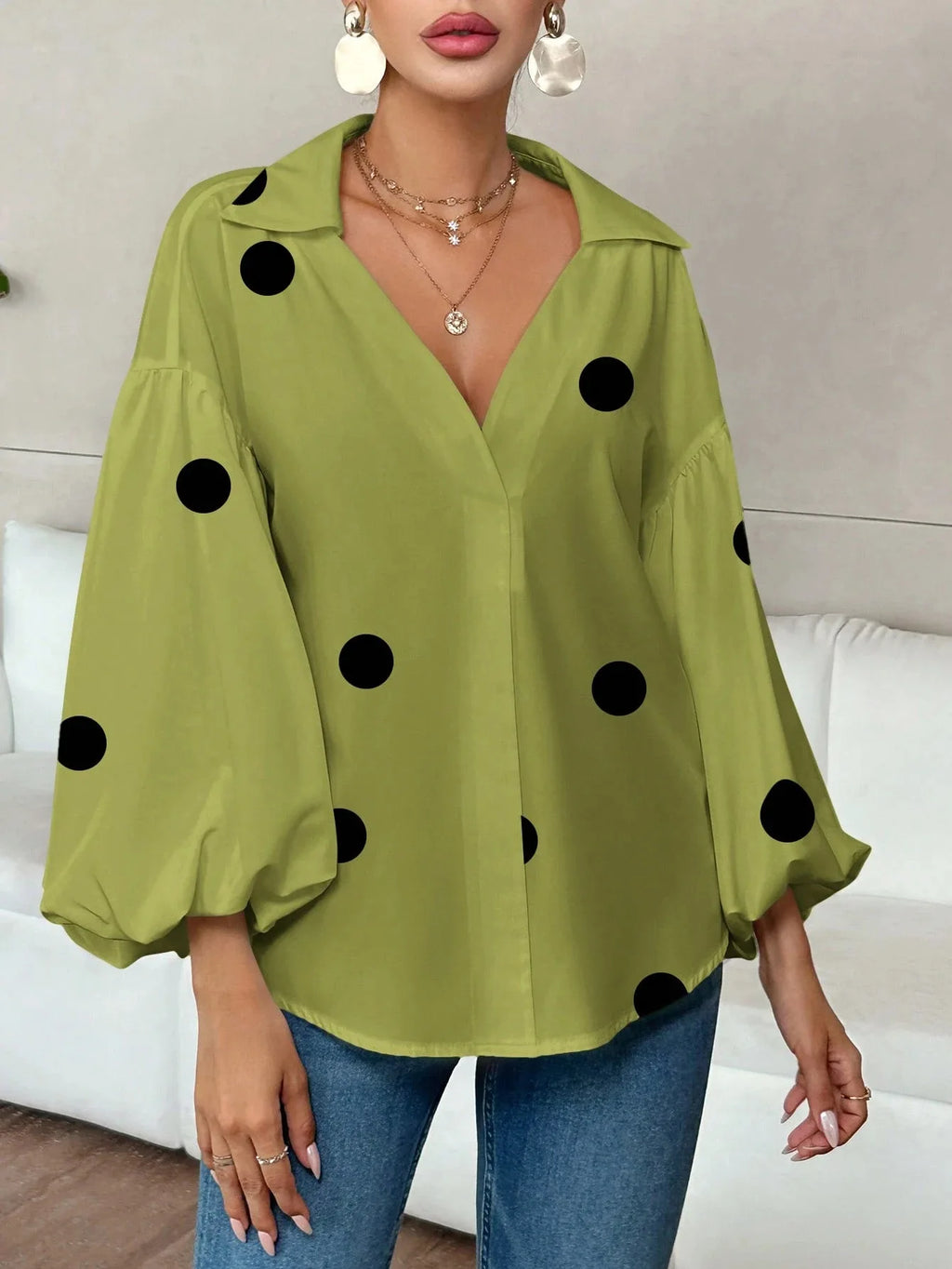 Boho Women's Blouses Spring Fall New Fashion French Polka Dot Half-neck Design Loose Puff Long-sleeve Top Casual Shirts Women Bazaare Mart