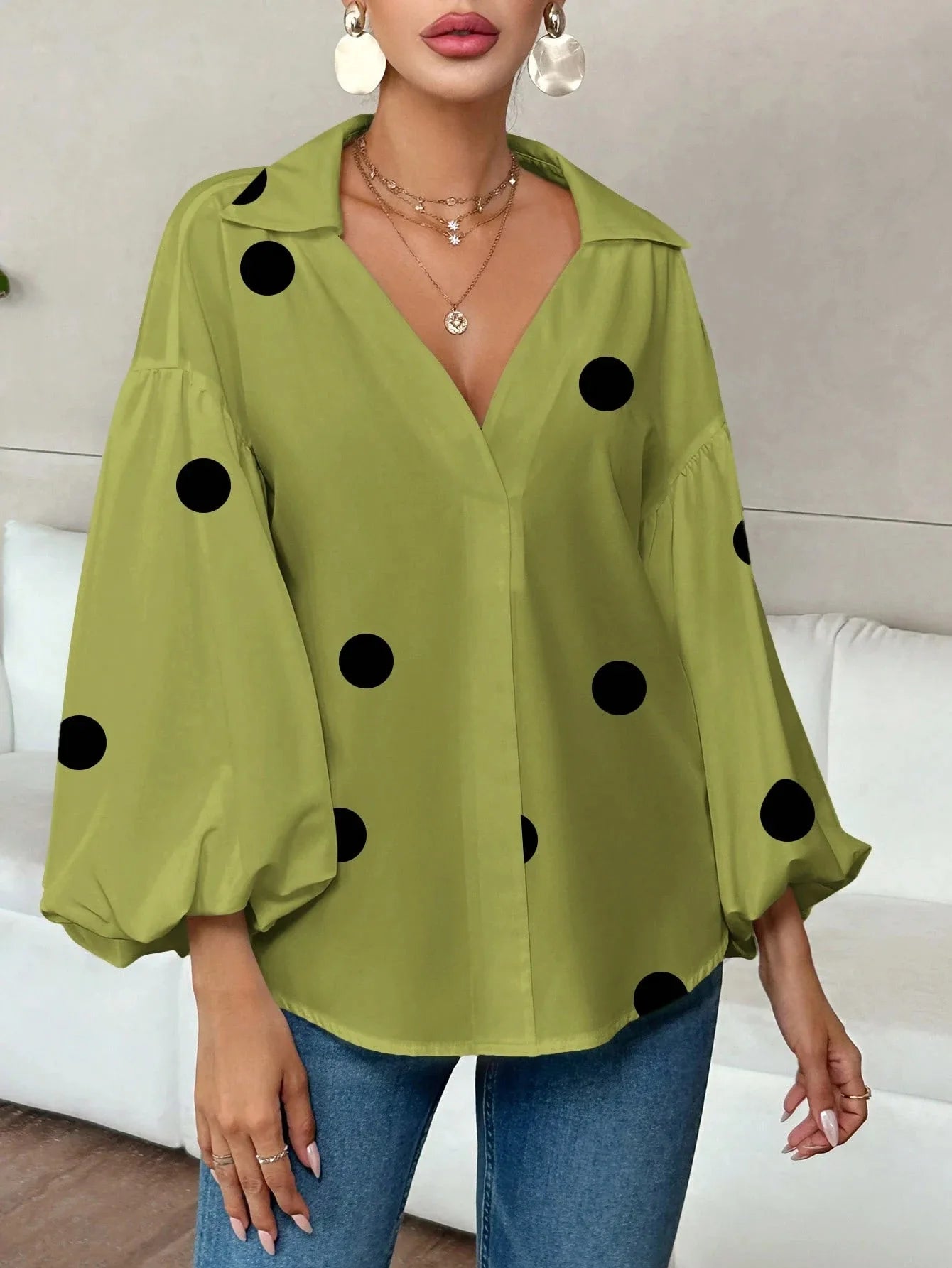 Boho Women's Blouses Spring Fall New Fashion French Polka Dot Half-neck Design Loose Puff Long-sleeve Top Casual Shirts Women Bazaare Mart