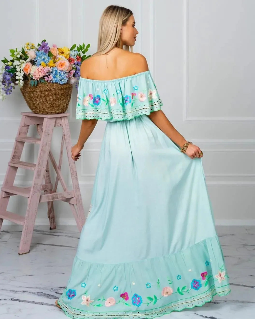 Off-shoulder Long Ruffled Peasant Dress
