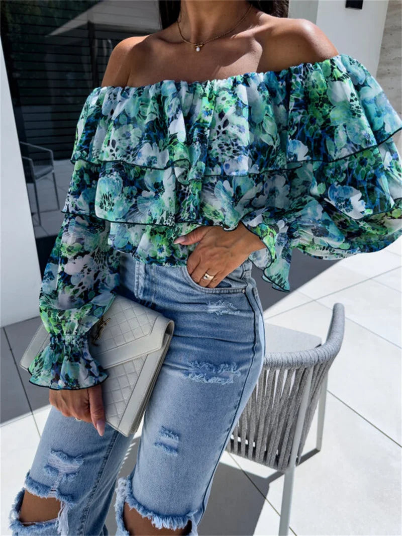 Off Shoulder Ruffle Long Sleeve Floral Blouse Cyan Bazaare Mart Long Sleeve Bardot Blouse