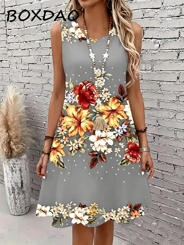 Large Size 3XL Women Tank dress Summer Loose Casual Sleeveless Floral Print Vest Dress Bazaare Mart