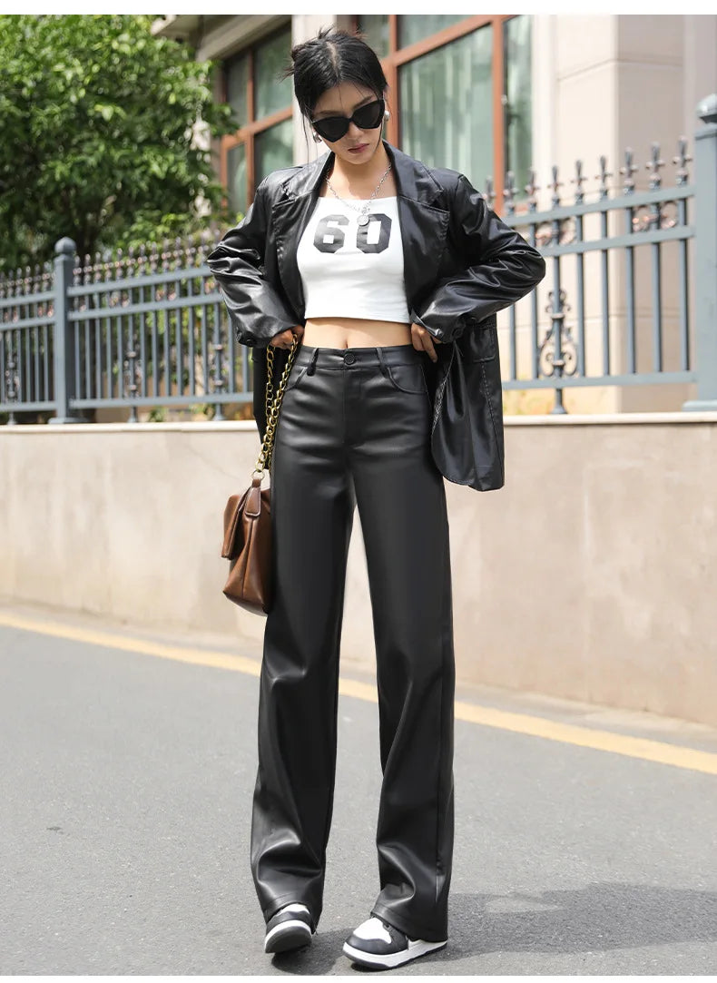 Winter Fleece PU Leather Wide Leg Pants Bazaare Mart Winter Fleece PU Leather Wide Leg Pants