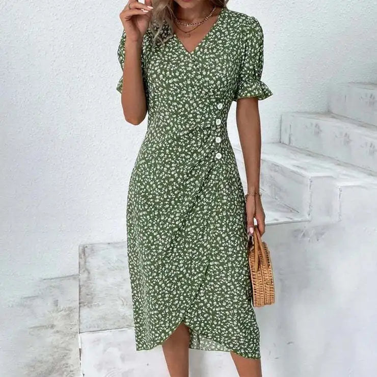 Elegant Printed Puff Sleeve V-neck Wrap Dress