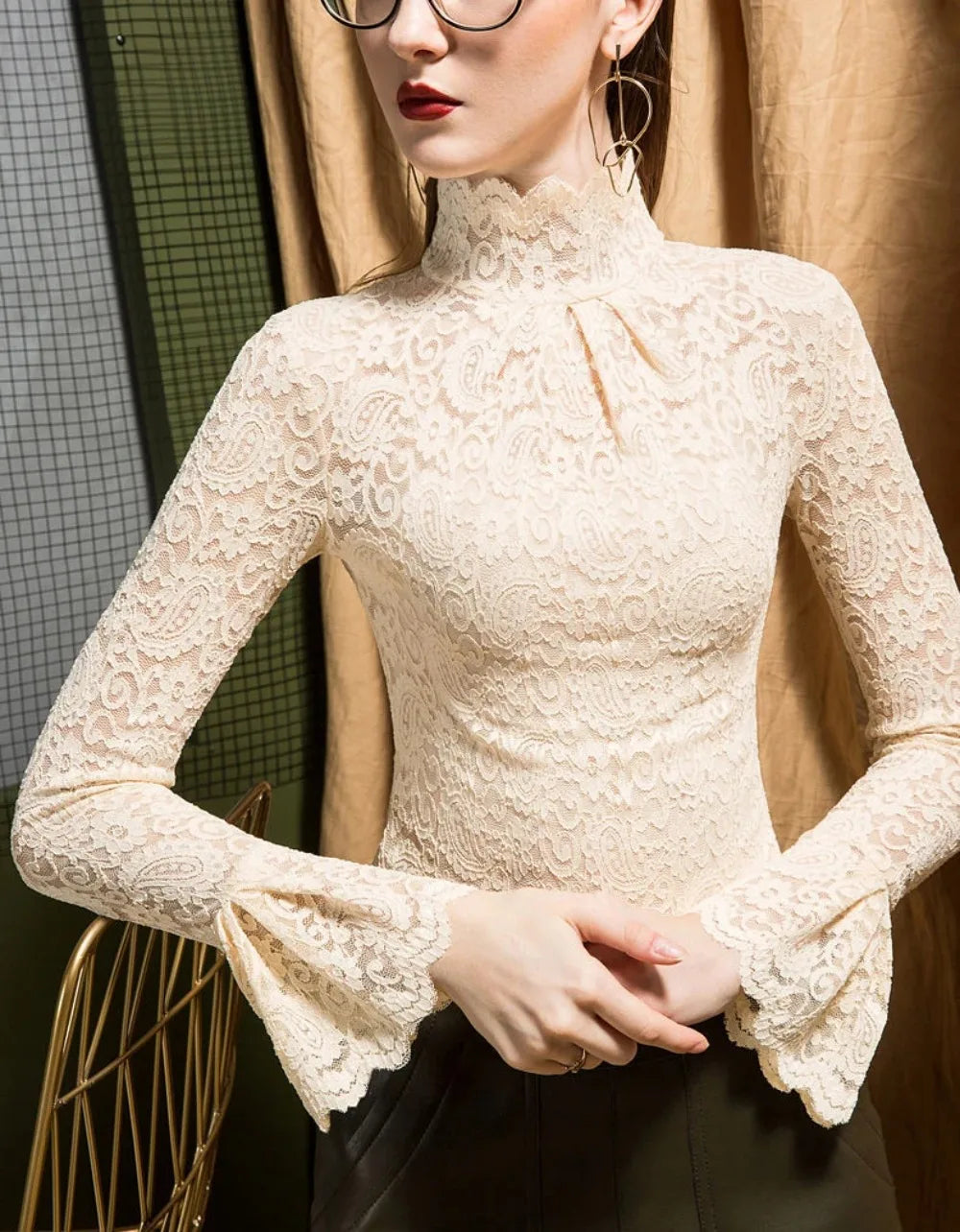 Lace Turtleneck Long Bell Sleeve Bazaare Mart Lace Turtleneck Long Bell Sleeve
